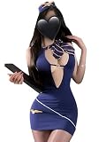KJSUHFN Sexy Flight Attendant Lingerie Set for Women, Roleplay Dress with G-string, Anime OL Uniform Costume (Blue, One Size)