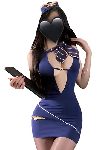 KJSUHFN Sexy Flight Attendant Lingerie Set for Women Roleplay Dress with G-string Anime OL Uniform Costume (Blue One Size)