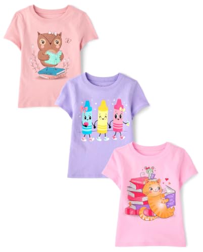 Image of The Children's Place Baby-Girls and Toddler School,Learning Short Sleeve Graphic T-Shirts,3 Pack
