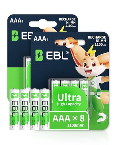 EBL AAA Akku 1100mAh mit hoher Kapazität, AAA wiederaufladbar Batterien,1.2V Micro AAA, 8er Pack
