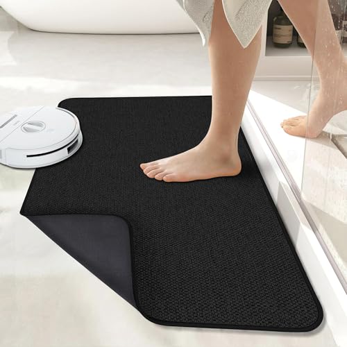 Image of Bath Mat,Ultra Thin Bathroom Rugs,Rubber Bath Mats for Bathroom,No Slip Bath Rugs,Quick Dry,Machine Washable,Low Pile,Absorbent,Shower Outside,Sink,Home Decor Accessories.Black,1'5 inchx2'3 inch(17x27inch)