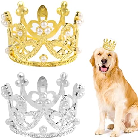 2Pcs Pet Birthday Party Crown for Small Dog with Adjustable Strap Hat Rhinestone Faux Pearl Crown for Birthday Party, Adoption Celebration or Gotcha Day Photos(Silver&Gold)