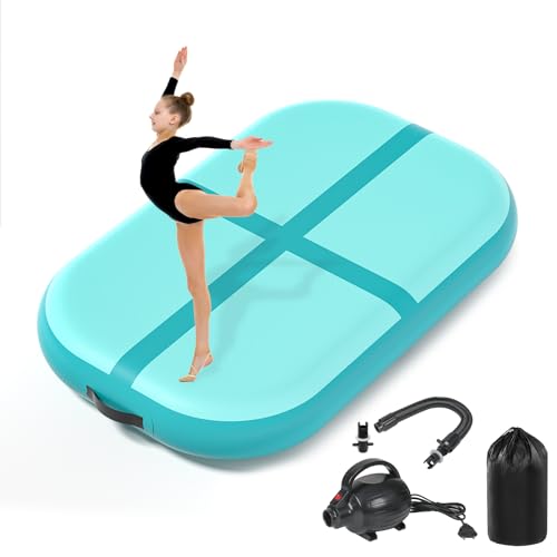 KIKILIVE Inflatable Air Gymnastics Tumbling Mat 3.3x2ft Blue Green, Air Tumble Track Mat 8 inches Thickness with Electric Air Pump for Home Use Training Cheerleading Yoga Water Beach Park