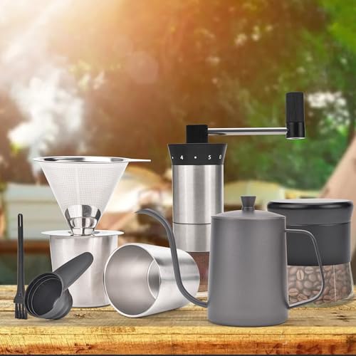 Noideeer Conjunto de cafeteira para acampamento ao ar livre, conjunto de café portátil 9 em 1 para a