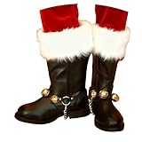 Bottes de Père Noël pour Hommes   Bottes de Combat à Mollet Large avec Poignets Blancs Doux et Cloches en Laiton, pour Costume d'Carnaval et Noël, Chaussures Accessoires de Cosplay