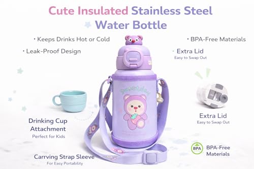 Image of Kids Stainless Steel Insulated Flask - 500ml Double Wall Vacuum Water Bottle, Leak Resistant Hot & Cold School Travel Drink Container for Boys & Girls - Purple