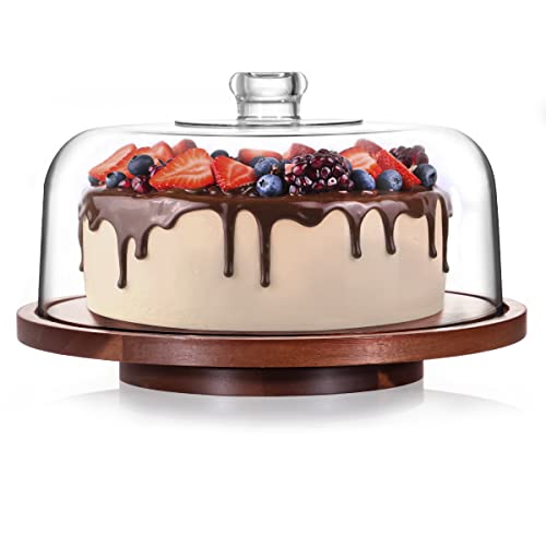 Fun Elements Rotating Cake Stand With Dome, Acacia Wood Cake Plate | Lazy Susan With Acrylic Lid For Table, Cheese Board & Serving Tray For Baked Goods In Kitchen | Ideal Gift Choice #TOP24