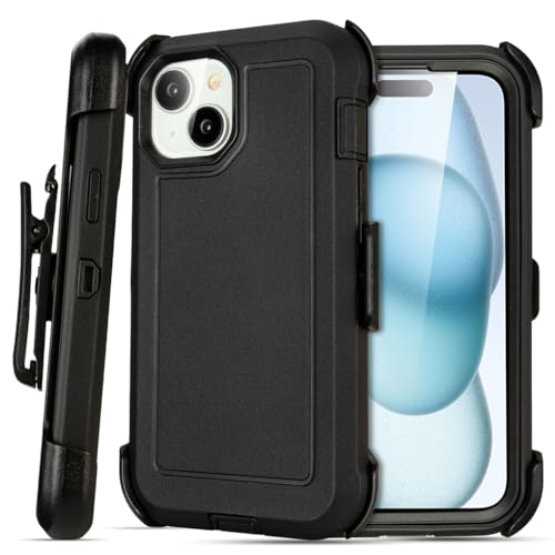 Yowtrey for Black iPhone 15 Case with Belt Clip, Shockproof Heavy Duty Rugged, 3 Layers of Sturdy,Anti-Drop, Military-Grade Defender Cover for iPhone 15 Case Black