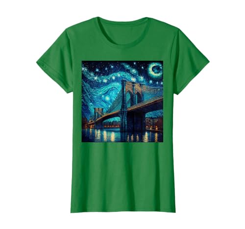 Brooklyn Bridge New York Starry Night T-Shirt, Women, Kelly Green, X-Large