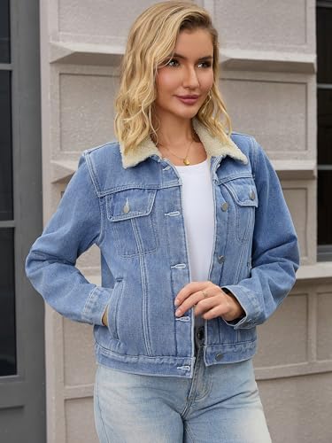 Women Denim Jackets Faux Fur Collar Fleece Lined Winter Thicken Denim Trucker Jacket2