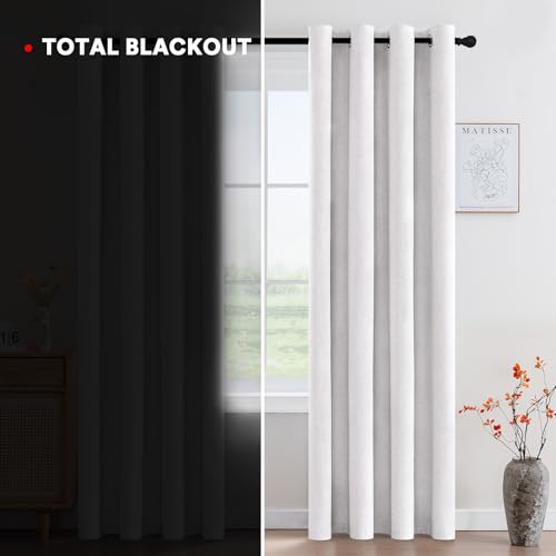 Image of PrinceDeco Blackout Curtains Linen Blended 63 Inch Long Room Darkening Black Out Curtains for Living Room with Natural Slubs & Grayish (Not Solid) Thermal Insulated Grommet 2 Panels,Heathered White