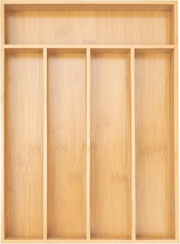 Bamboo Cutlery Drawer Organizer, 5 Compartment Kitchen Utensil Tray, Natural Wood Flatware Silverware Holder for Kitchen Drawer Storage