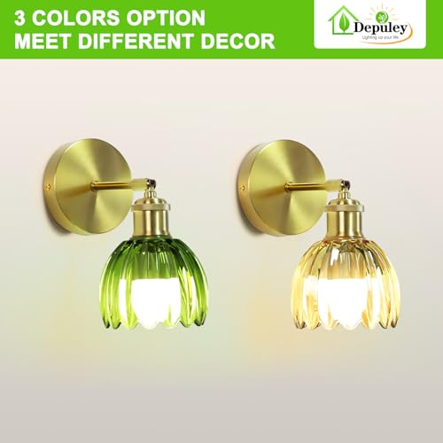 Image of Depuley Battery Operated Wall Sconce: Set of 2 Wireless Wall Lights with Tulip Glass Lampshade for Bedroom - Rechargeable 15 Colors Gold Wall Lamp for Living Room Doorway Home Decor - Green