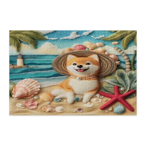 Rompecabezas de verano Shiba Inu en la playa para tardes de entretenimiento creativo