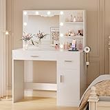 JUMMICO 35.4' Vanity Desk with LED Mirror & Power Outlet, Makeup Vanity Table with 3 Open Storage Shelves, Drawers and Cabinet, 3 Model Adjustable Lights for Bedroom & Dressing Room (White)