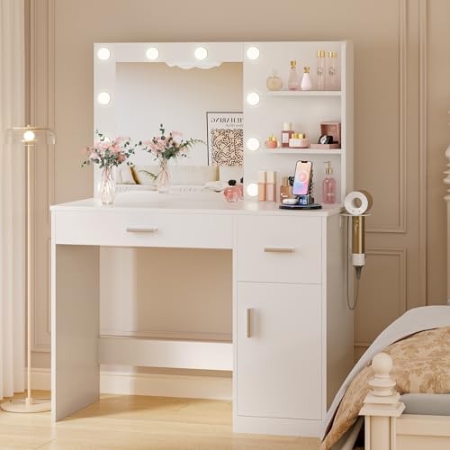 JUMMICO 35.4' Vanity Desk with LED Mirror & Power Outlet, Makeup Vanity Table with 3 Open Storage...