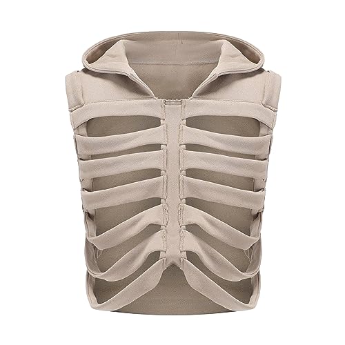 Unisex Skeleton Gilet Hooded Vest Casual Hollow Crop Tops Punk Sleeveless Hoodie for Men Women Streetwear Y2K Clubwear