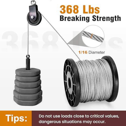 1/16 Wire Rope, 1/16 Stainless Steel Cable for Trellis, 1/16 Aircraft Cable with 200Pcs Crimping Sleeves, Used for Hanging, Decorations,7x7 Strand Core & 368 lbs Breaking Strength, 304 Material