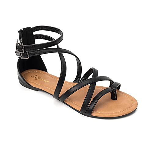 HEVA Damen Casual Riemchensandalen Komfort Einstellbare Flache Sandalen（7UK 41EU,Schwarz）