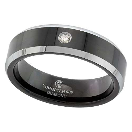 6mm Black Tungsten Diamond Wedding Ring for Him & Her Two-tone Beveled Edges Comfort fit, sizes 5 to 9