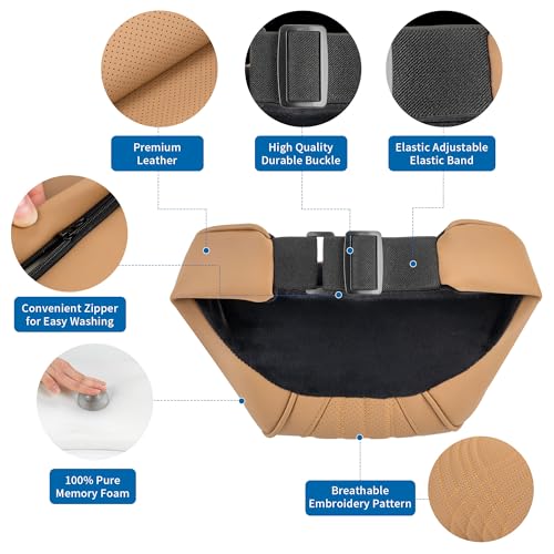 Dapucarin Car Headrest Memory Foam Neck Pillow for Driving with Leather Cover Soft Comfortable Seat Head Pillow Cushion for Most Cars SUV Sedan Home Office Palomino Brown (2PC)