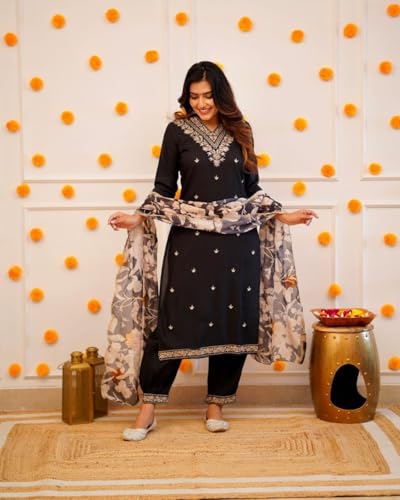 Image of Women Afghani Viscose Rayon Kurta Pant Dupatta Set with Embroidered Neck Work and Floral Print Organza Dupatta | Ethnic Straight Suit Set