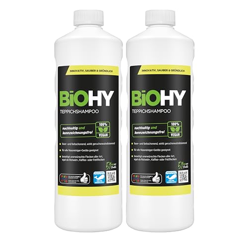 BiOHY Champú para alfombras (2 botellas de 1 litro) | Limpiador de alfombras concentrado | elimina las manchas rebeldes | bien tolerado por los animales amigable con los materiales (Teppichshampoo)