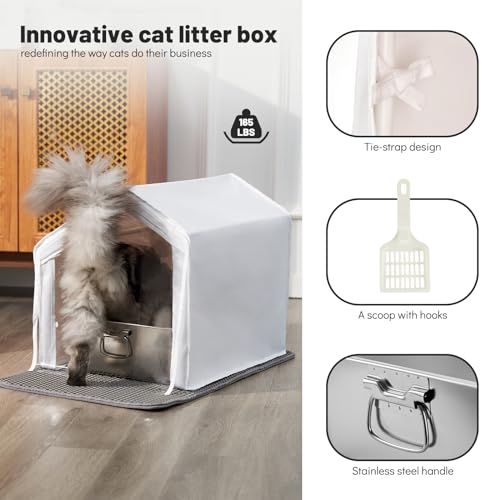 Maksone Stainless Steel Cat Litter Box,Large Metal Litter Box with Enclosure Tent,Cat Litter Mat&Scoop,Never Absorbs Odor,Easy Clean - Thumbnail 5