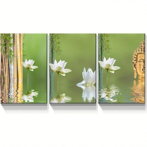 Toile blanche lotus Bouddha peinture decorative moderne triptyque mur