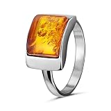 HolidayGiftShops Sterling Silver Baltic Honey Amber Ring for Women - Rectangular Genuine Baltic Amber Cabochon, 925 Silver Natural Gemstone Jewelry, “Sunniva”