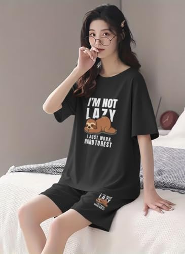 Image of Women Korean Cotton Blend Night Suit | Printed Shorts Sleepwear Set | Short Night Dress Set for Women | Soft Printed T-Shirt & Shorts Pajama Set | Comfortable Summer Nightwear for Ladies & Girls