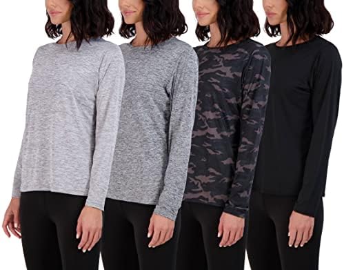 Real Essentials Womens Quick Dry Fit Tech Stretch Long Sleeve Athletic Workout Ladies T-Shirt Tee Top Running UPF Sun Rash Guard Swim Gym Active Wear Crew Exercise Yoga Exercise, Set 5, XL, Pack of 4