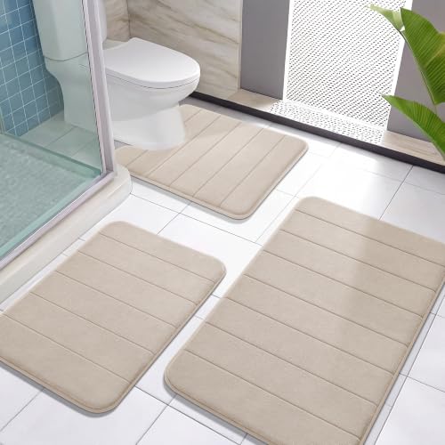 Yimobra Memory Foam Bath Mat Set 3 Pieces- Super Soft Absorbent Quick Dry Bathroom Rug Sets, Machine Washable Non Slip Floor Carpet for Tub Shower, Vanity & Toilet Base, Beige