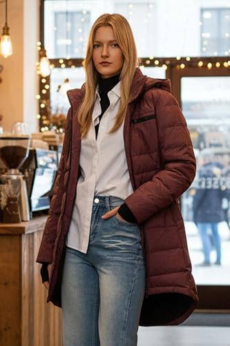 Orolay Chaqueta de Plumón con Capucha para Mujer Abrigo de Media Longitud con Cremallera para Exteriores Vino Rojo S - imagen 3