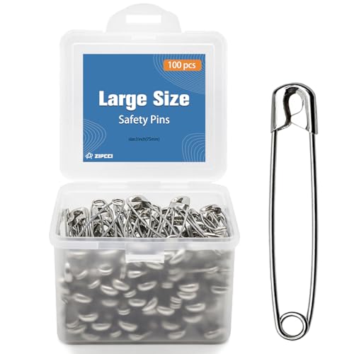 ZIPCCI 3 Inch Large Safety Pins - 100 Pcs Heavy Duty Steel Wire Pins (Large Size)