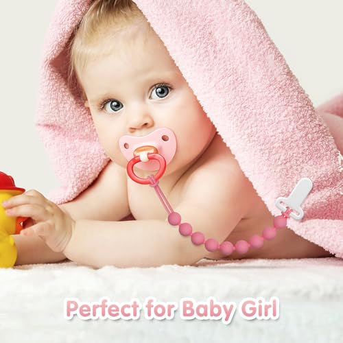 Pacifier Clips Baby Girls - Draklary 4 Pack Paci Clip Silicone Soothe Baby Binky Holder for Newborn Essentials Shower Birthday Gift