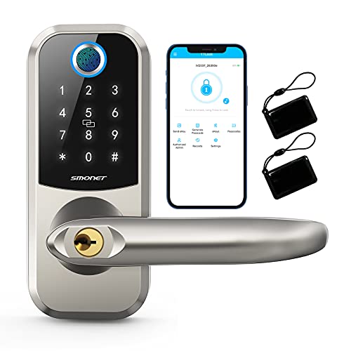 [2021 Newest]Smart Lock SMONET 5-in-1 Keyless Entry Fingerprint Door Lock, Bluetooth Lock with Reversible Handle, Work with Alexa (Need Extra Gateway),eKey,IC Card,App Auto Lock for Home,Hotel, Office