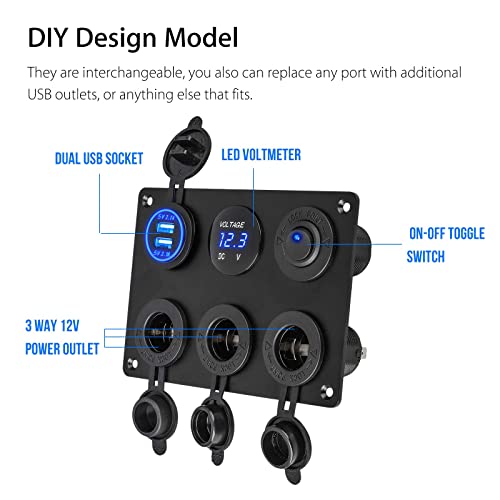 Linkstyle 6 in 1 Charger Socket Panel, 3 Cigarette Lighter Splitter with Dual USB Charger Ports & LED Voltmeter & Rocker Switch for 12V/24V Car RV Boat by Linkstyle - Image 2