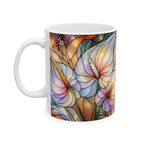 Chabemma Calla Lily Stained Glass Mug, Floral Coffee Cup, Botanical Art Design, Elegant Gift for Women Flower Lovers, Ceramic Coffee Mug, 11 oz White