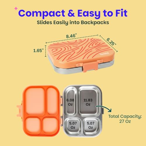 Image of Basil Bento Box Quad - 4 Compartment Stainless Steel Lunch Box with BPA-Free Plastic Lid | 800 ml Leak-Proof Tiffin Box for Kids & Adults | Premium School, Office, and Picnic Lunch Box - Coral Swirl