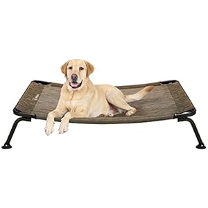 Veehoo Curved Cooling Elevated Dog Bed, Black Frame Outdoor Raised Dog Cot, Chew Proof Pet Bed with Washable & Breathable Textilene Mesh, Non-Slip Feet for Indoor & Outdoor, Large, Brown