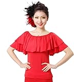 Yhhsgscr Women's Round Neck Latin Dance Top Ruffles Tango Dancewear Short Sleeve Ballroom Training Outfit Soft Smooth,Red,3XL