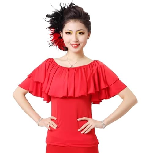 Yhhsgscr Women's Round Neck Latin Dance Top Ruffles Tango Dancewear Short Sleeve Ballroom Training Outfit Soft Smooth,Red,3XL