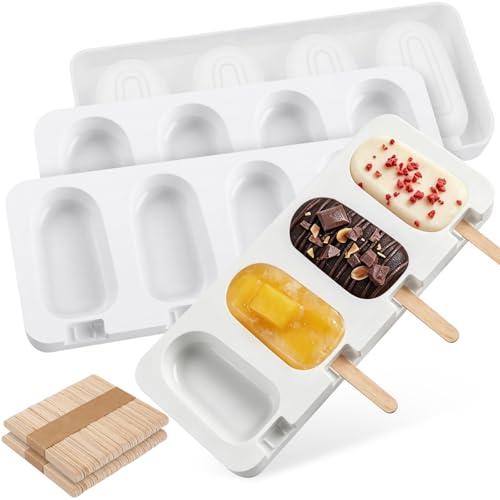Zelythil 3 Pack Popsicles Molds, Silicone Popsicle Molds 4 Cavities Homemade Ice Cream Largre Oval Cake Pop Mold with 100 Wooden Sticks for DIY Pop,Cakesicles, Cake Pops