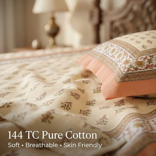 Image of Mafatlal 144 TC Heritage 100% Cotton Rajasthani Jaipuri Traditional Floral King Size Queen Bedsheet with 2 Pillow Covers (90x108 inches) - Copper Orange