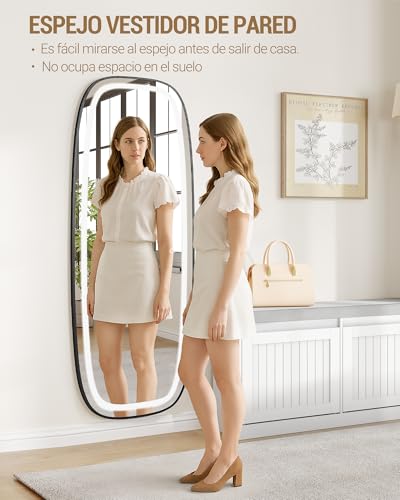 Hzuaneri Espejo de Cuerpo Entero con Luz LED, 160 x 50 cm, Espejo de Pie Curvo, Espejos de pie con Soporte, 3 Colores de luz, Brillo Ajustable, Ideal para Dormitorio o Salon, Negro DM41801B - imagen 2