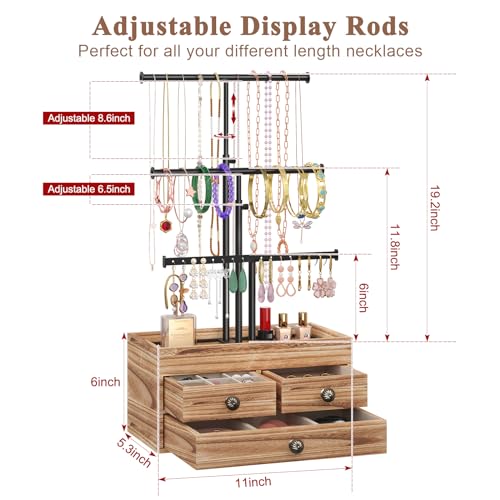 X-cosrack Jewelry Tree Stand Organizer 3 Tier Metal Jewelry Holder Stand with Wood Basic Storage Box, Adjustable Height Holder Display for Necklaces Earrings Bracelets and Rings, Carbonized Black