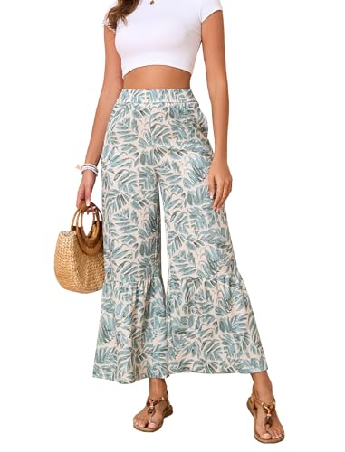 Flowy Wide Leg Pants for Women 2025 Loose Fit with Pockets Trousers Elastic Waisted Green Leaf Printed Lounge Pants S