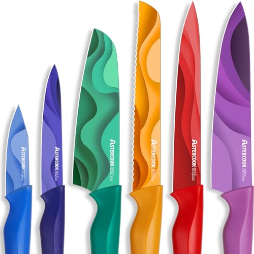 Astercook Fantasy Space Pattern Knife Set with Cover, Dishwasher Safe Colorful Knives with 6 Knife Sheath, German Stainless Steel Rainbow Knife Set