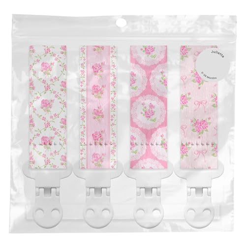 Image of Stadela Baby Fabric Pacifier Clip Holder, Plastic Clip, 4‑Pack, Floral Pattern, Juliette Set